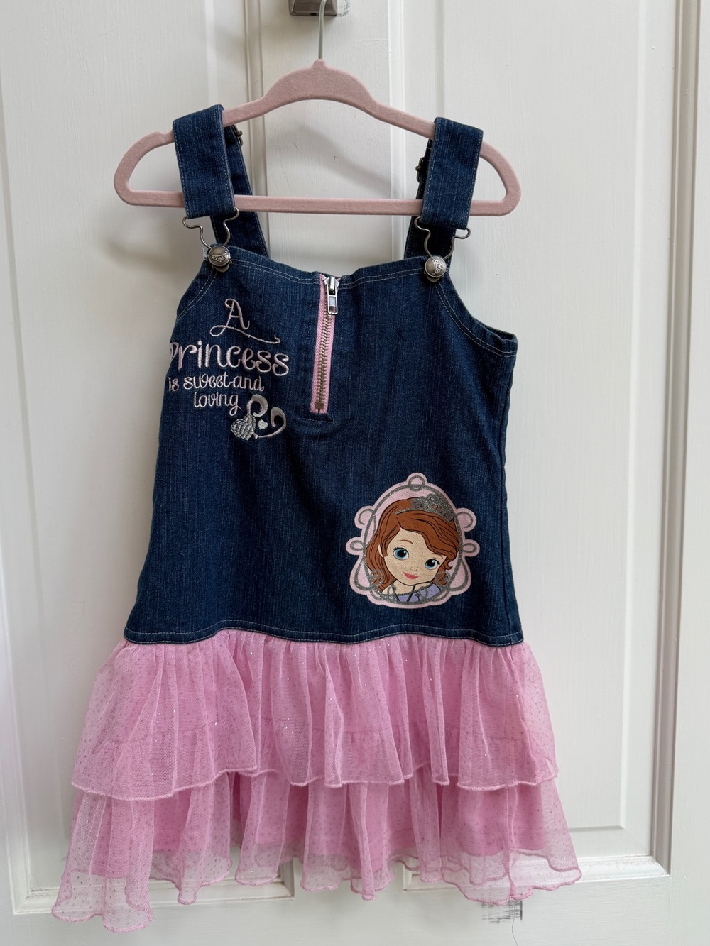 Disney Girls 5 Sophia the First Denim Overall Pink Skirt Jumper Dress